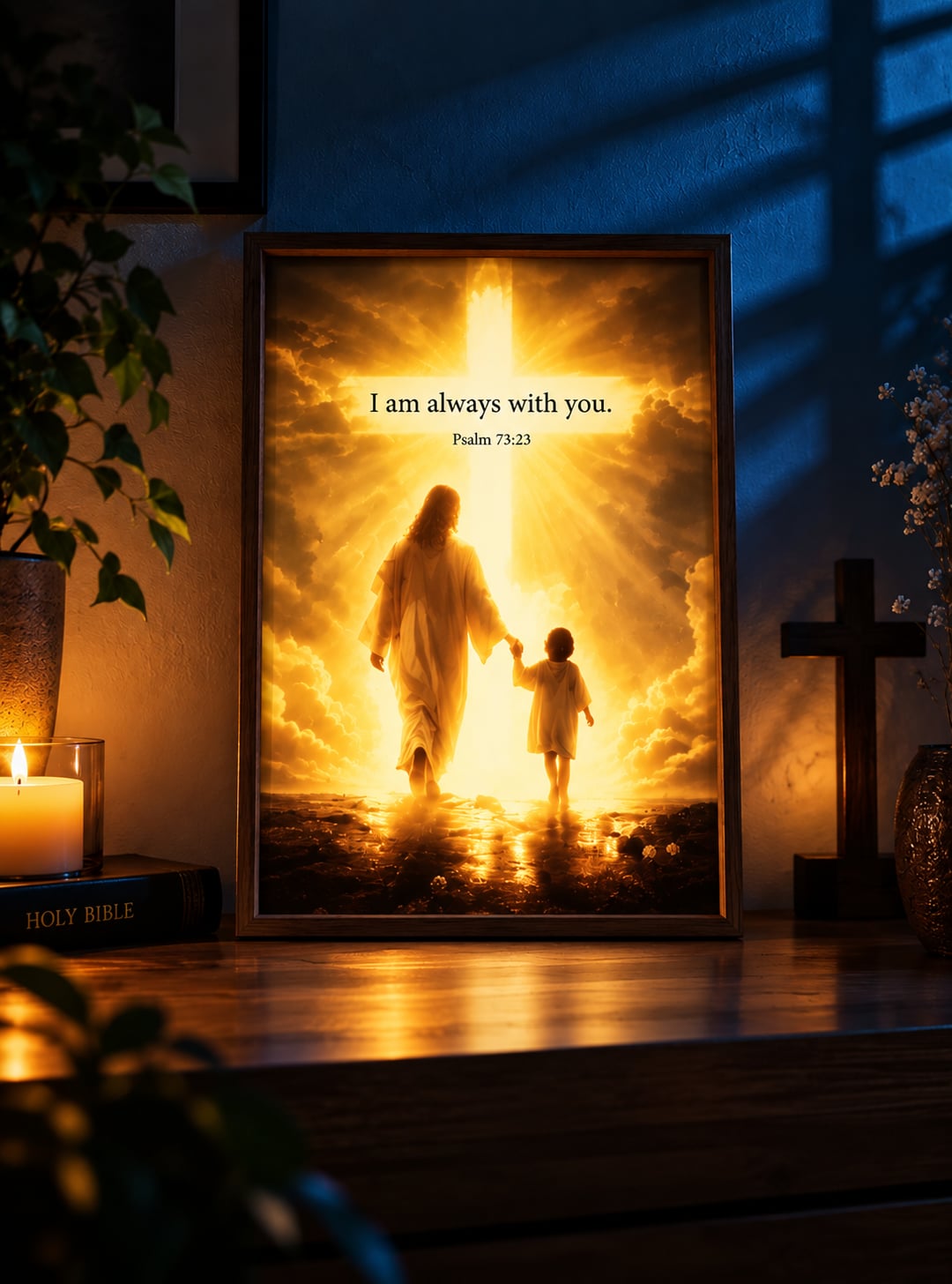Obraz Lumenia z włączonym podświetleniem – Jezus prowadzący dziecko